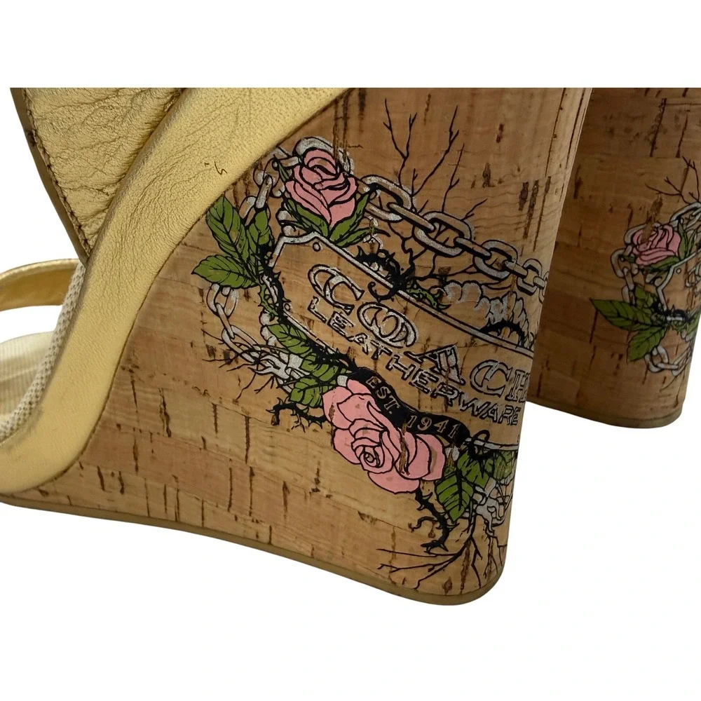 Coach Floral Cork Wedge Sandals Gold Leather Chain Accent Ankle Strap Size 8B